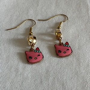 Gold Tone Pink Winking Cat Earrings